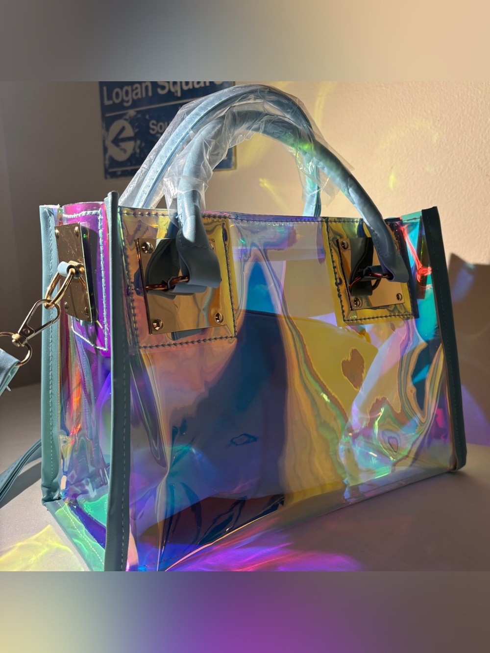 Iridescent Holographic on a transparency + Sky Blue PVC Tote Bag & Pouch. - Picture 3 of 11